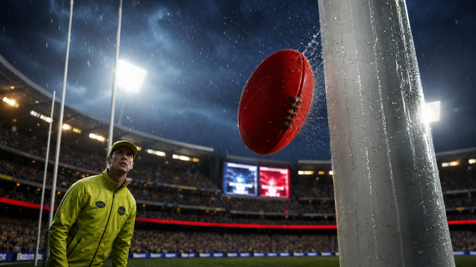 Editorial illustration of a red Australian football glancing off a wet goal post under stadium lights