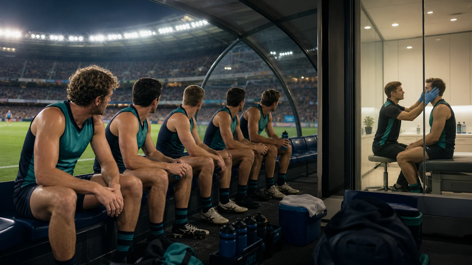 Editorial illustration of five Australian football interchange players beside a calm head assessment room