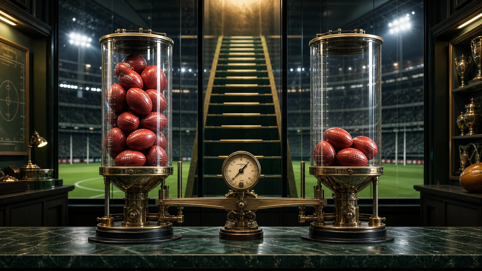 Editorial illustration of footballs in two measuring vessels connected to a ratio scale beside a stadium ladder