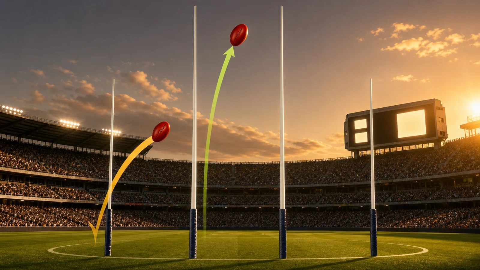 Editorial illustration of Australian footballs following goal and behind paths through four scoring posts