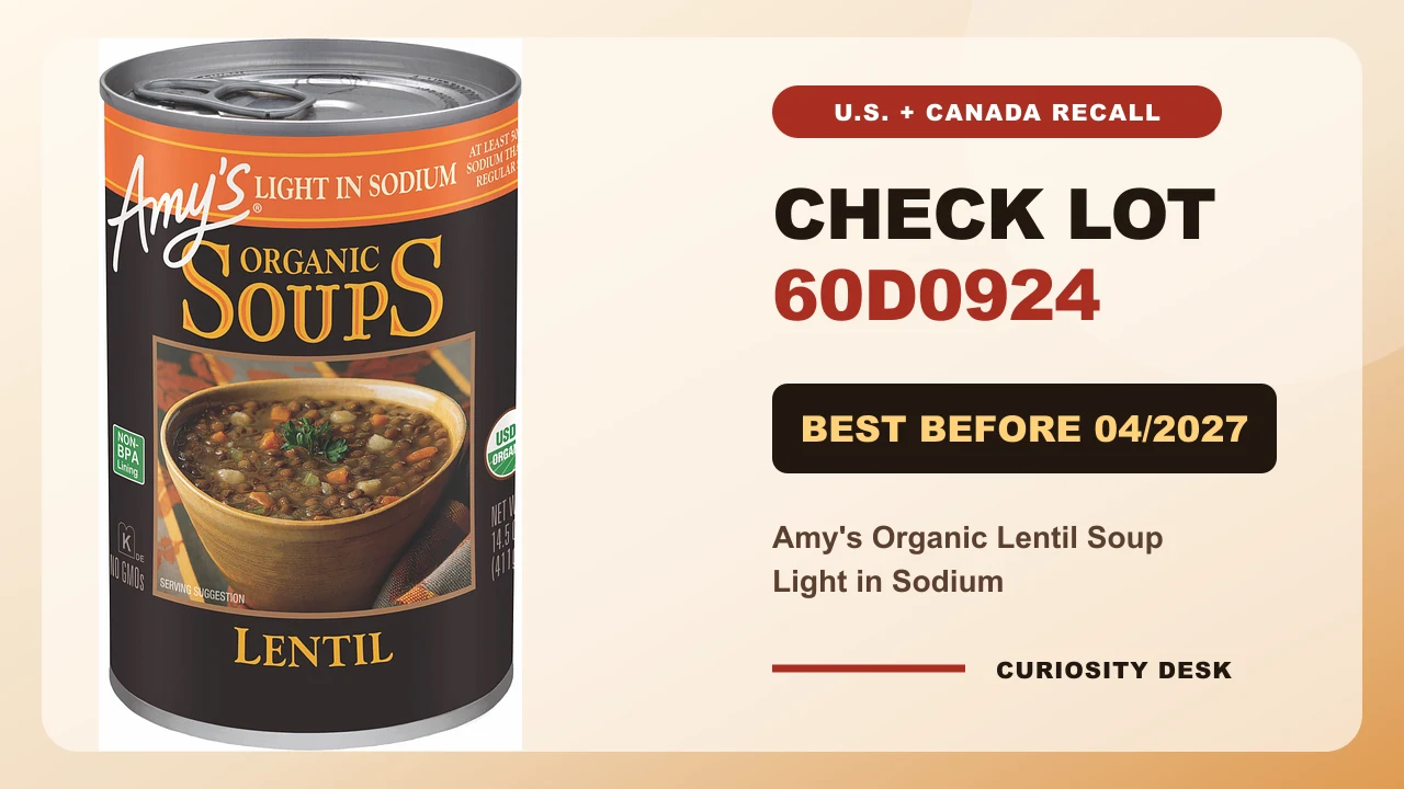 Exact Amy's Organic Lentil Soup Light in Sodium can beside the recalled lot 60D0924 and best-before April 2027 identifiers