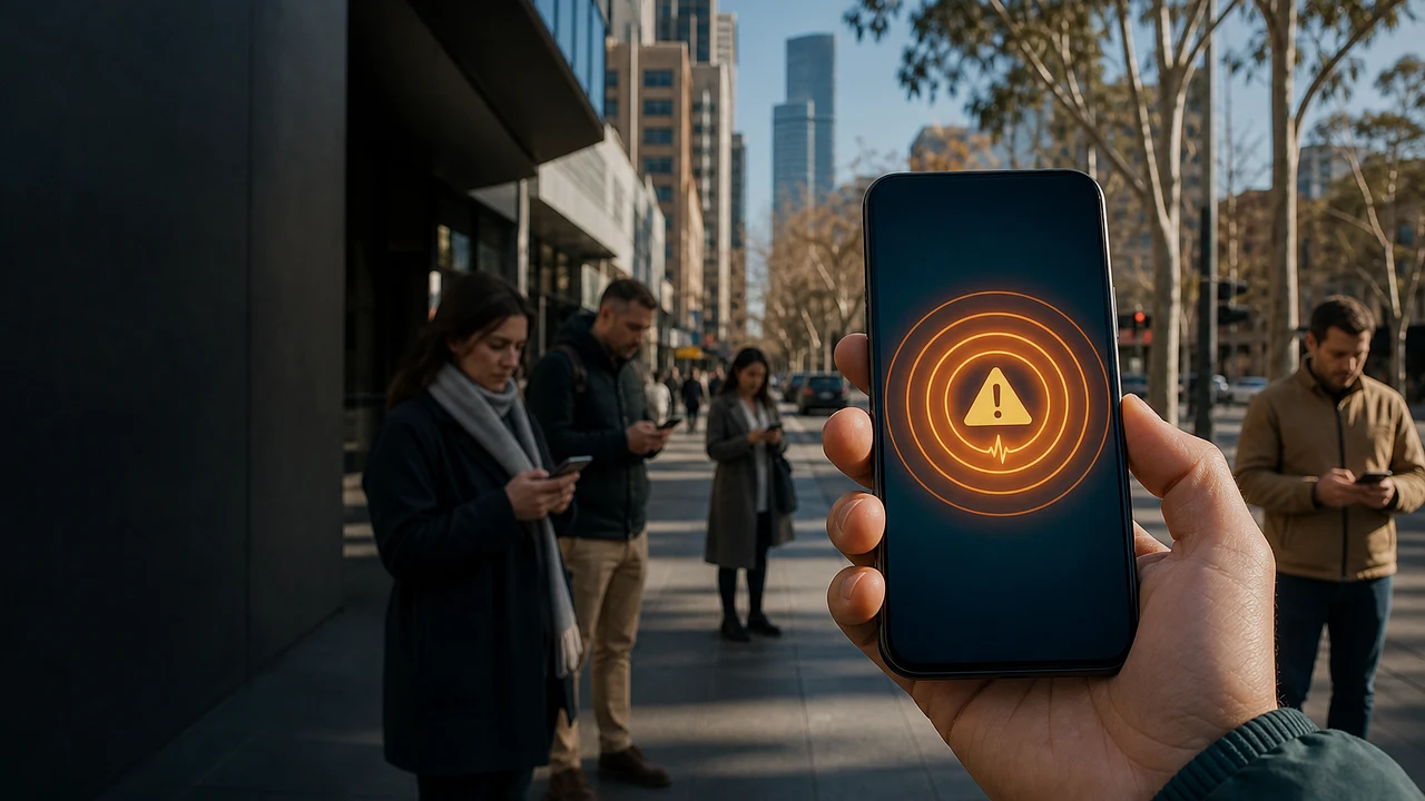 Editorial illustration of several people receiving a simultaneous warning on their mobile phones in an Australian city