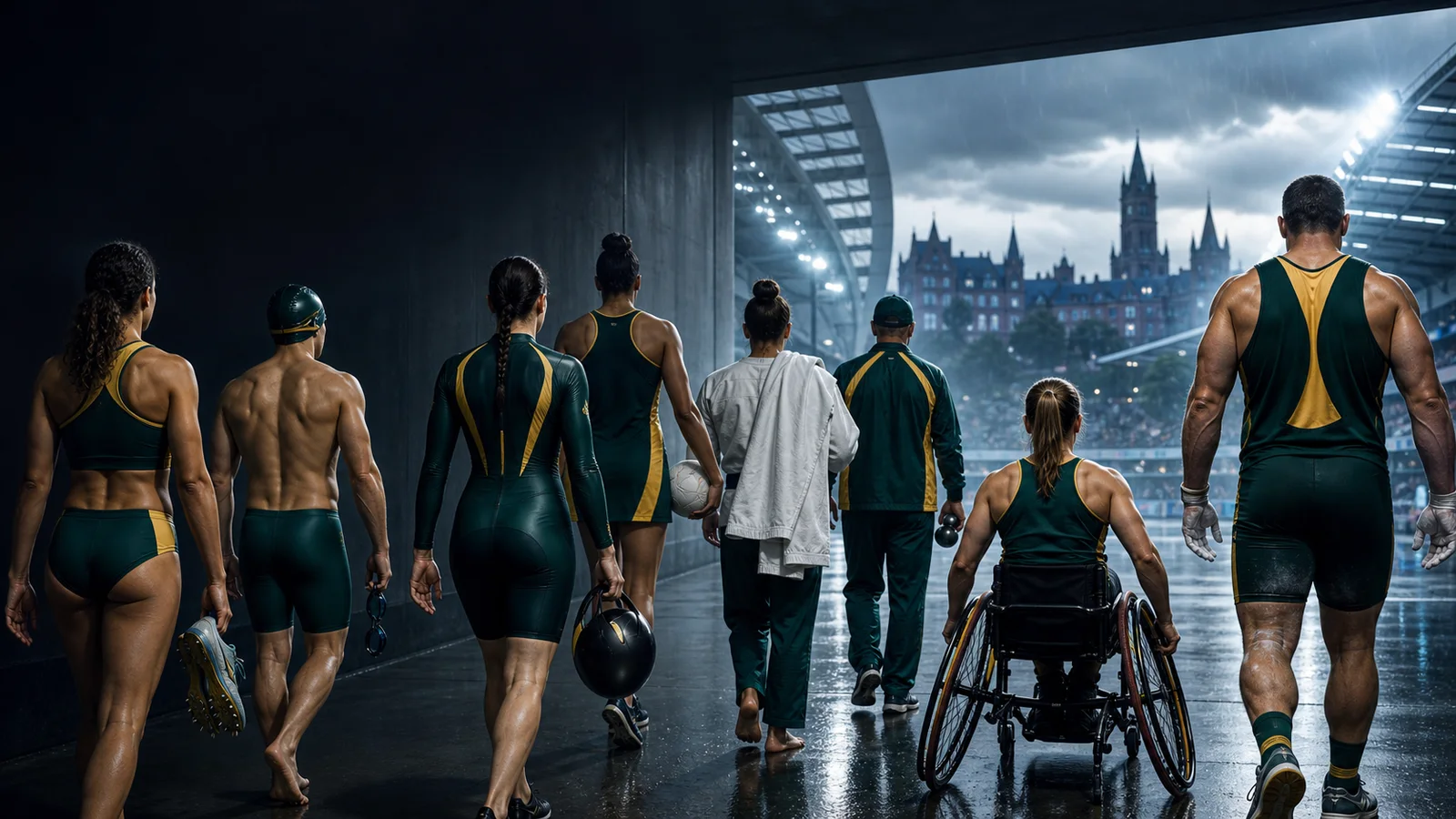 Editorial illustration of Australian athletes from different sports entering a rainy Glasgow stadium