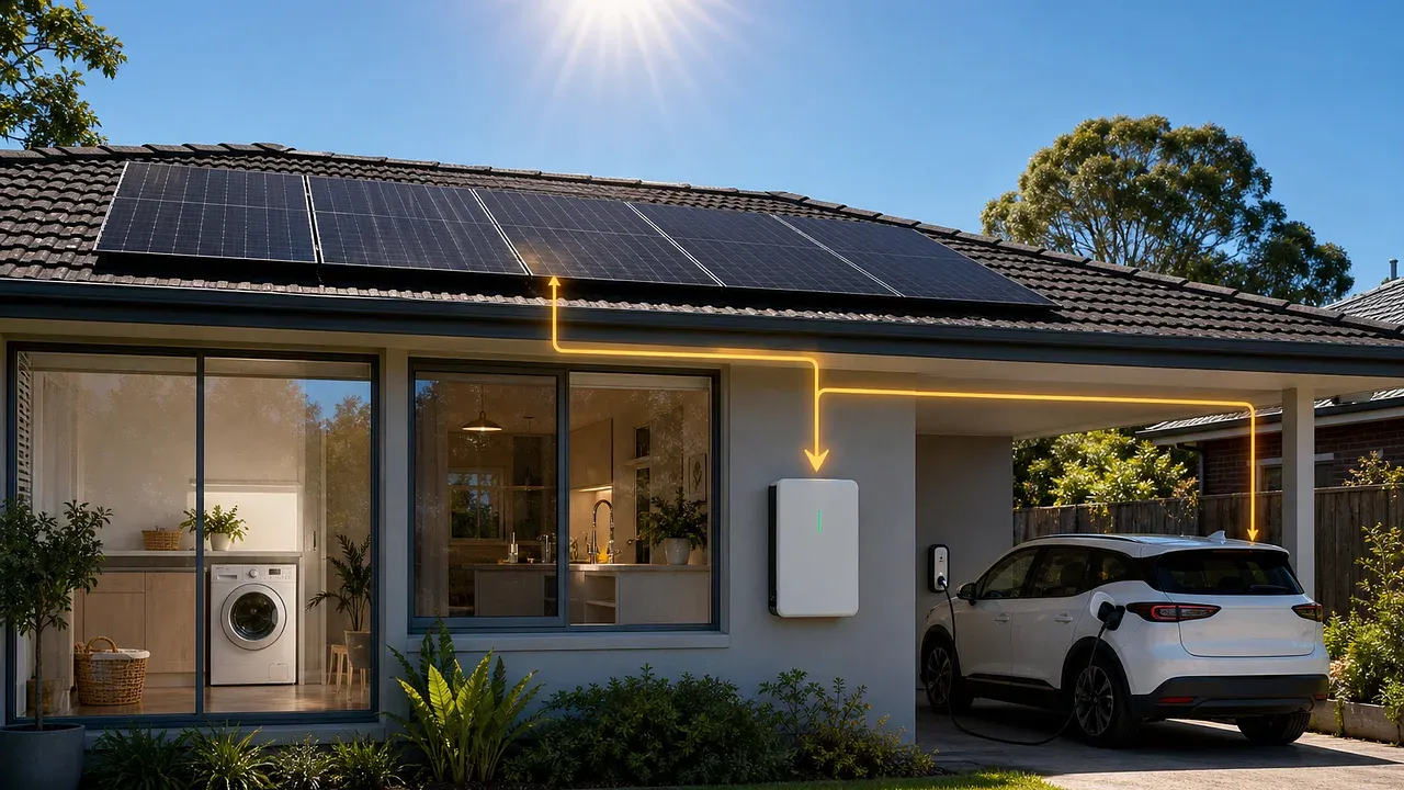 An Australian suburban home using bright midday rooftop solar to run a washing machine, charge a home battery and charge an electric car