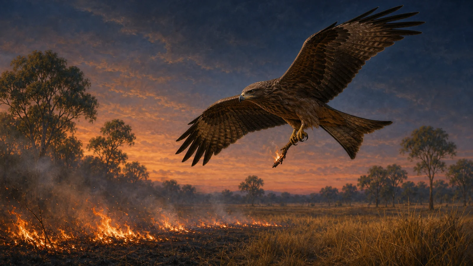 Editorial illustration of a black kite carrying a small smouldering twig above a northern Australian savanna fire