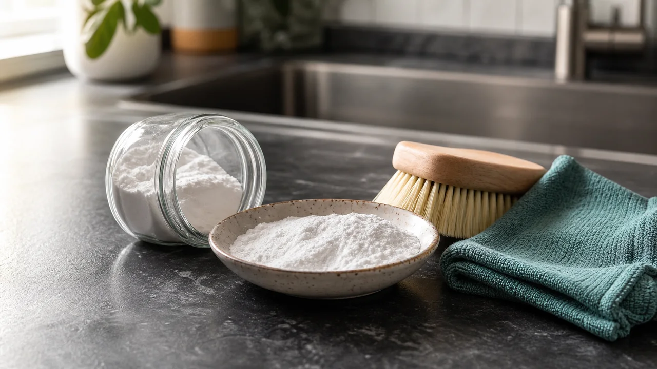 A bowl and glass jar of baking soda beside a soft cleaning brush and folded cloth on a kitchen worktop
