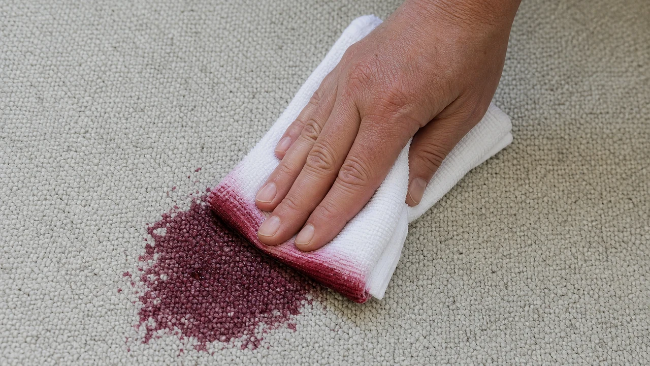 A hand pressing a folded white absorbent cloth onto the edge of a fresh dark red spill on pale carpet