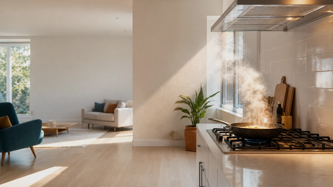 A spotless open-plan room where morning light reveals a plume of cooking aerosol above a frying pan and a small damp mark behind a plant