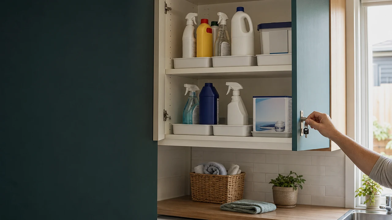 An adult locking original household cleaning products inside a high wall-mounted cupboard with separate leak-containment trays
