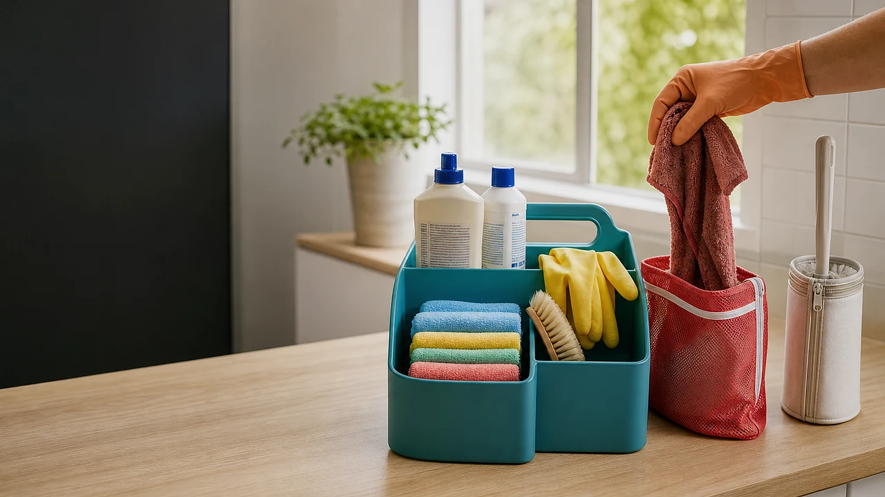 A divided cleaning caddy holding closed original products and clean colour-coded cloths beside a separate red bag receiving a used cloth