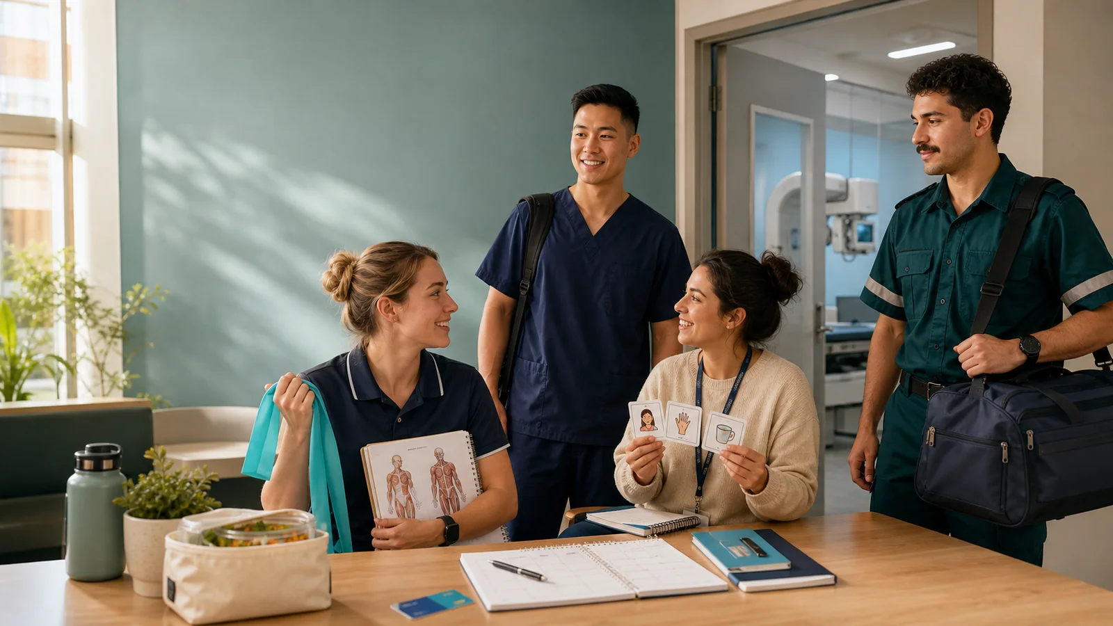 Editorial illustration of four allied-health students preparing for mandatory clinical placements