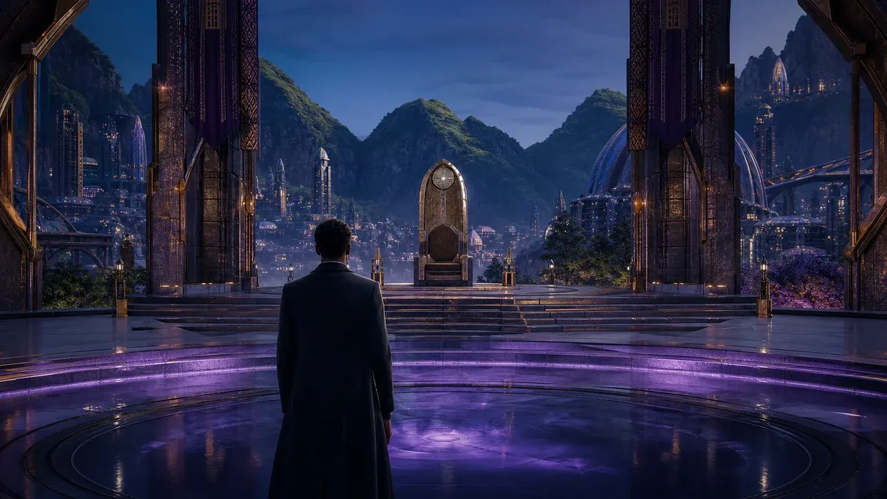 Original editorial illustration of an anonymous young man in a dark formal coat facing an empty ceremonial seat in a fictional mountain city