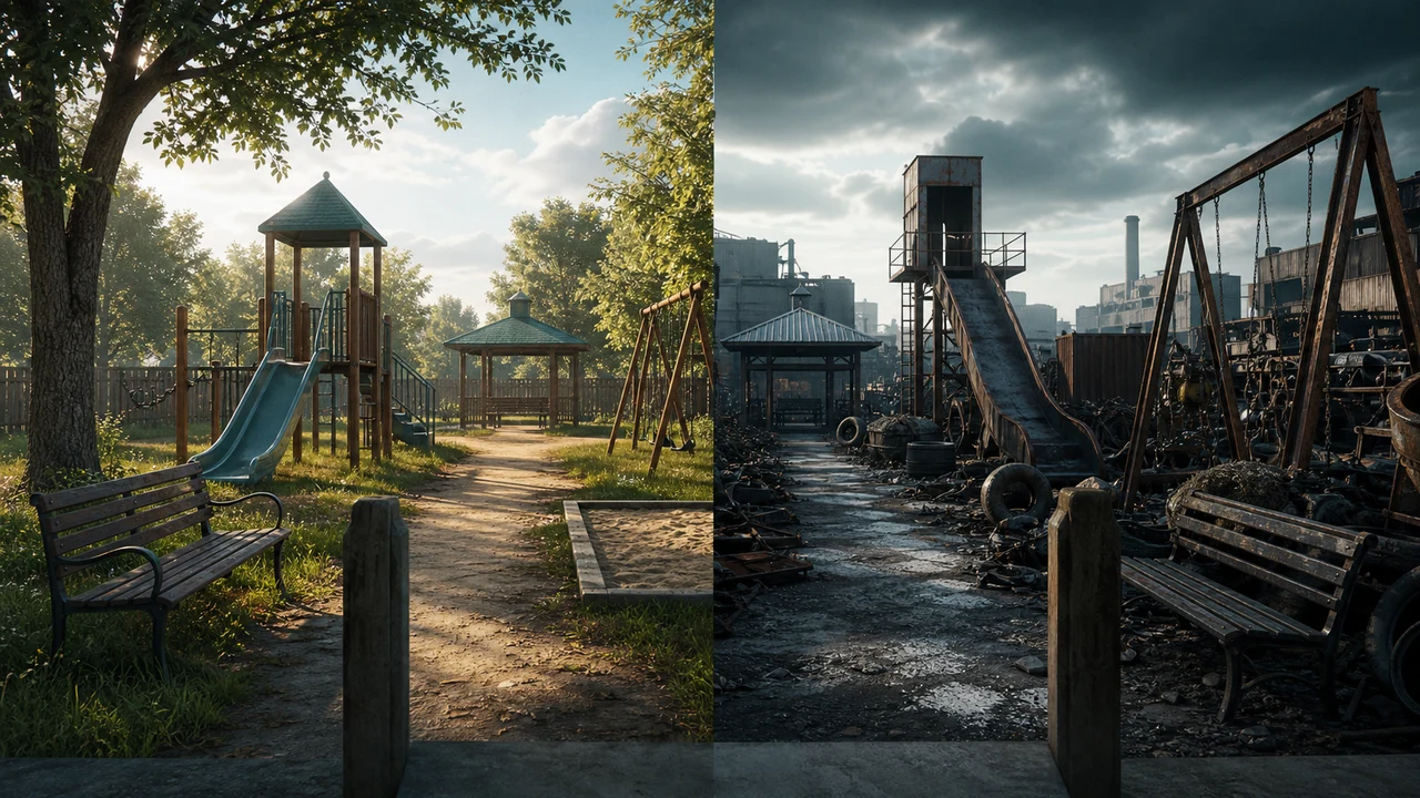Two different places, a playground and a junkyard, arranged with matching paths and objects to illustrate hidden spatial familiarity