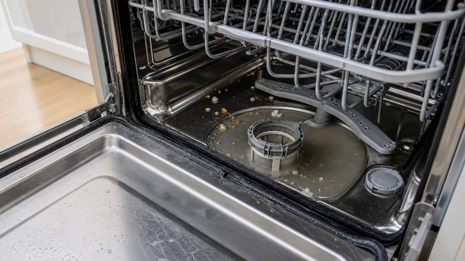 Editorial illustration of food residue and cloudy water around the filter of an open dishwasher