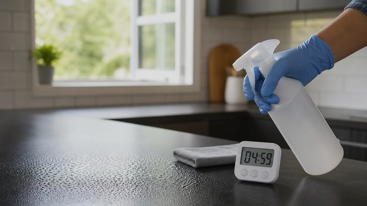 A hard kitchen counter kept visibly wet with disinfectant beside a timer while a cloth waits away from the surface