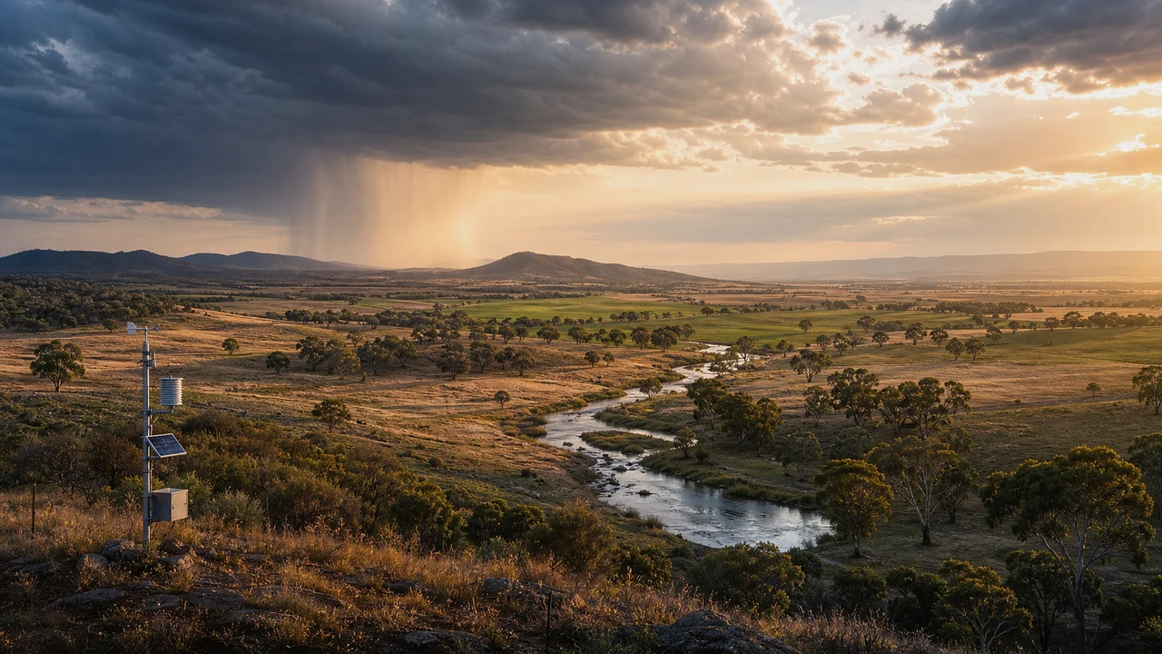 Original editorial illustration of patchy dry and green Australian farmland, a flowing creek, a weather station and a distant rain shaft