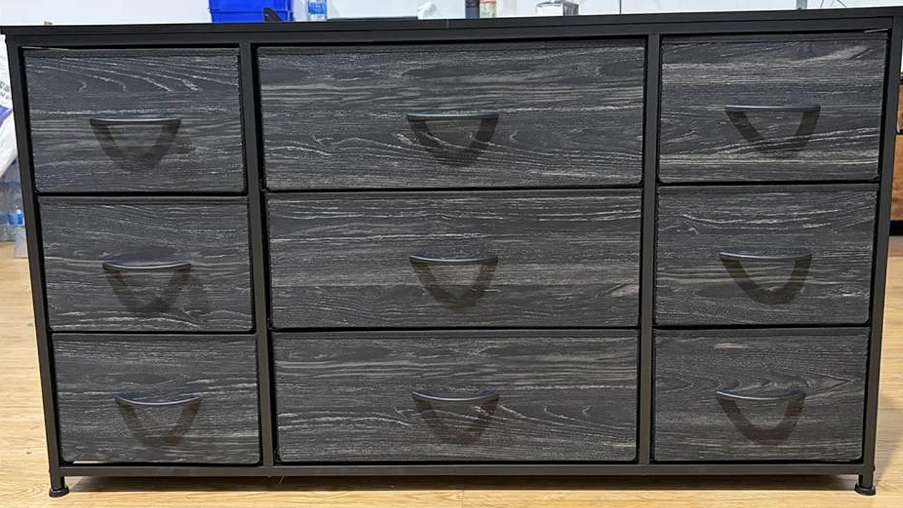 Official CPSC front photograph of the recalled black EnHomee nine-drawer fabric dresser