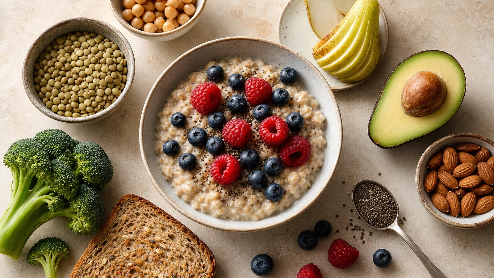 Overhead arrangement of oatmeal with berries, lentils, chickpeas, pear, avocado, broccoli, almonds, chia seeds and whole grain toast