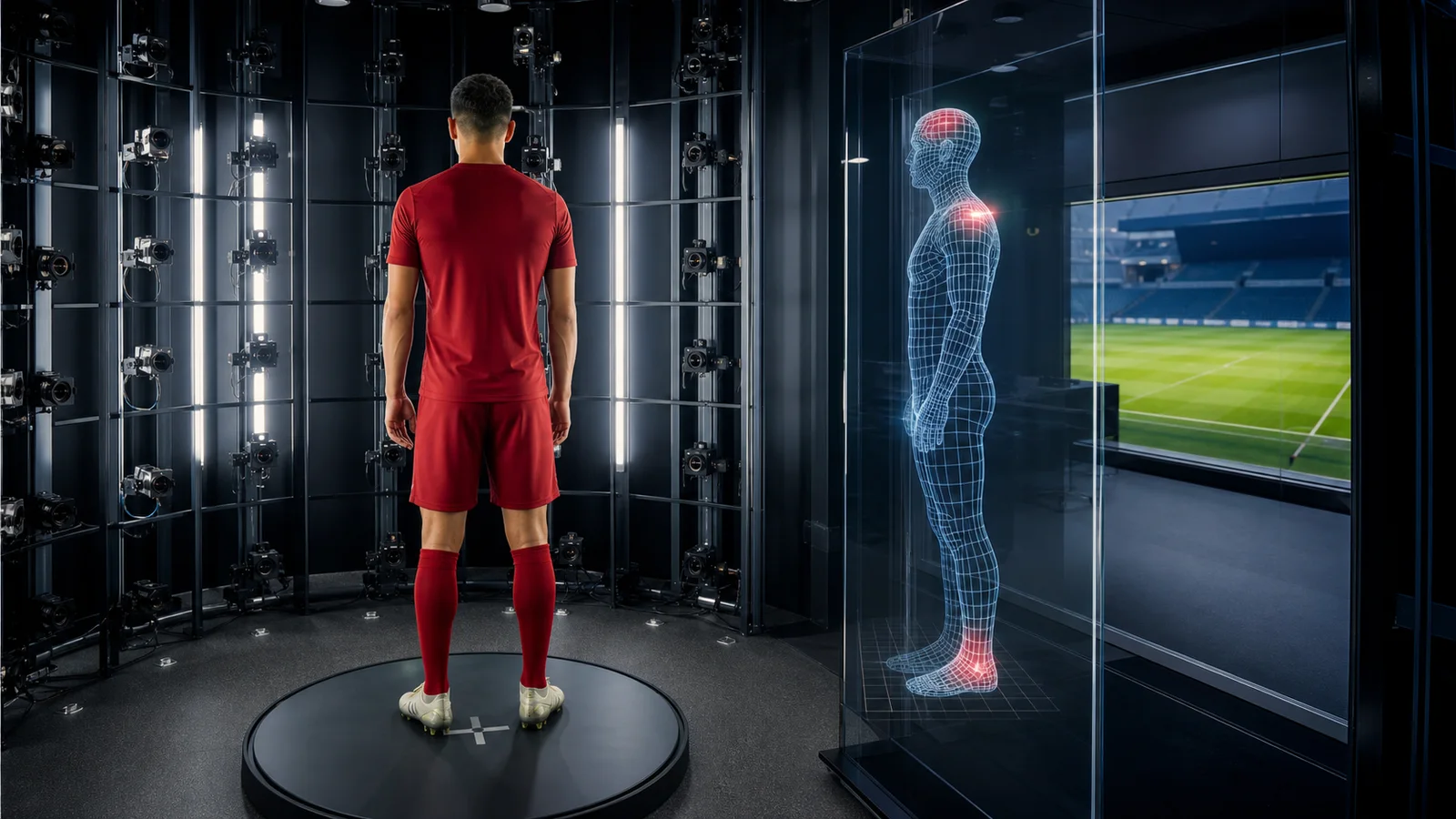 Editorial illustration of an anonymous footballer inside a multi-camera 3D scanning rig beside a wireframe avatar