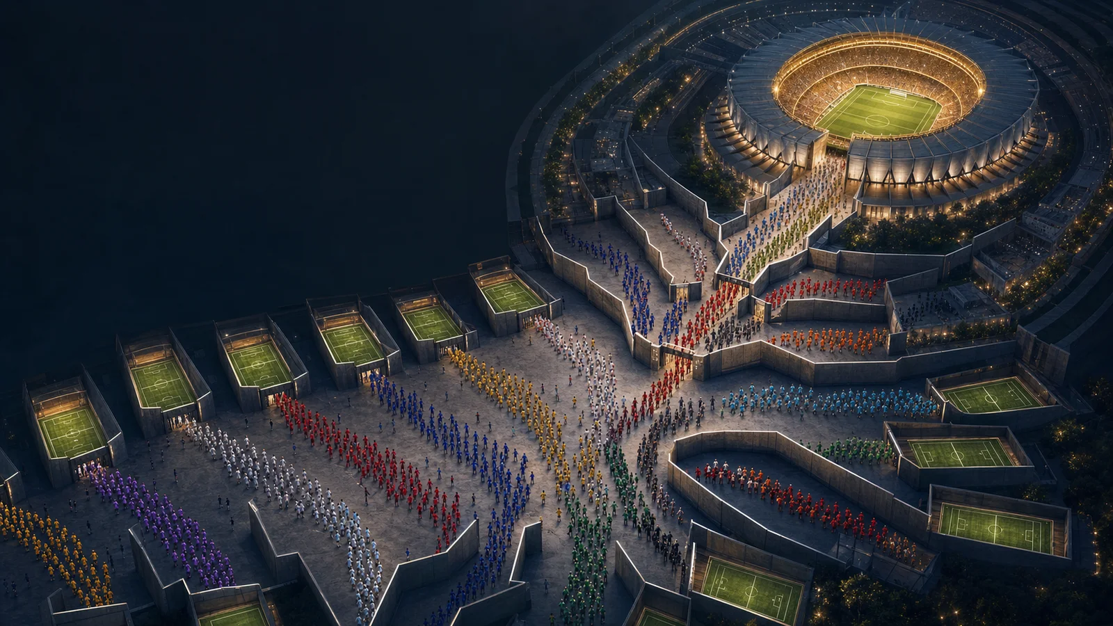 Editorial illustration of many tournament teams converging through stadium routes toward a final pitch