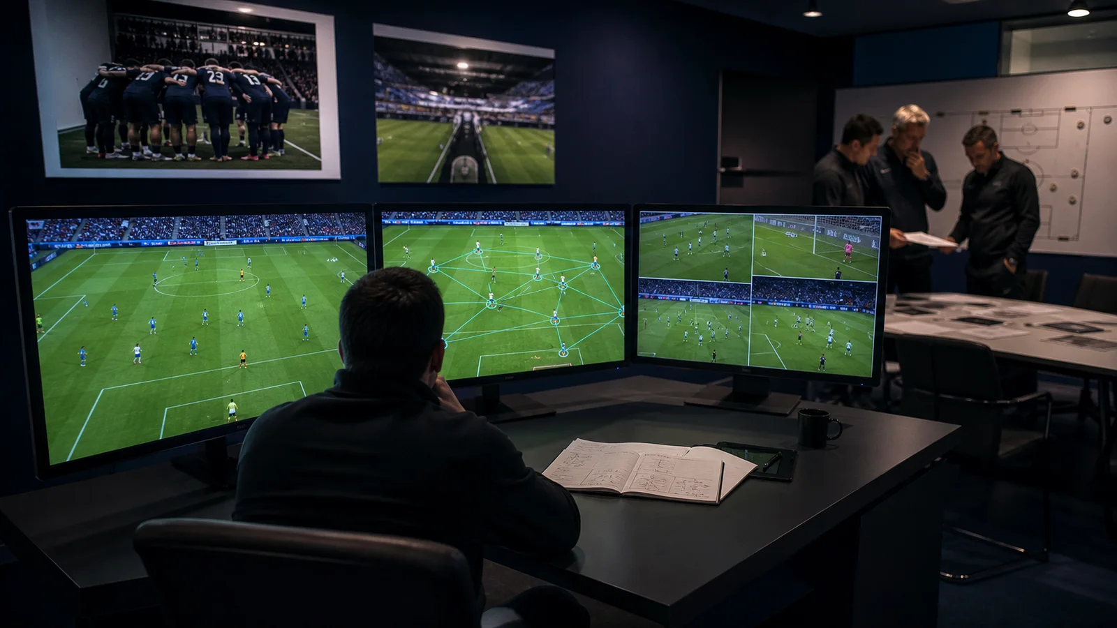 Editorial illustration of a human analyst reviewing football video and tactical data while coaches discuss the findings