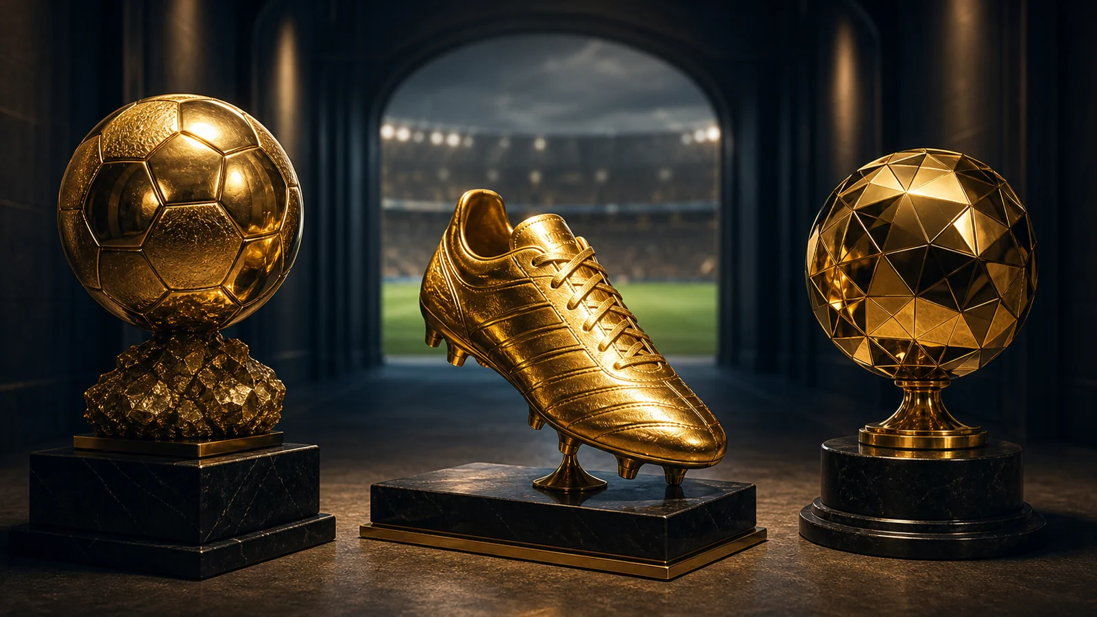 Editorial illustration of three distinct gold football awards in a stadium tunnel