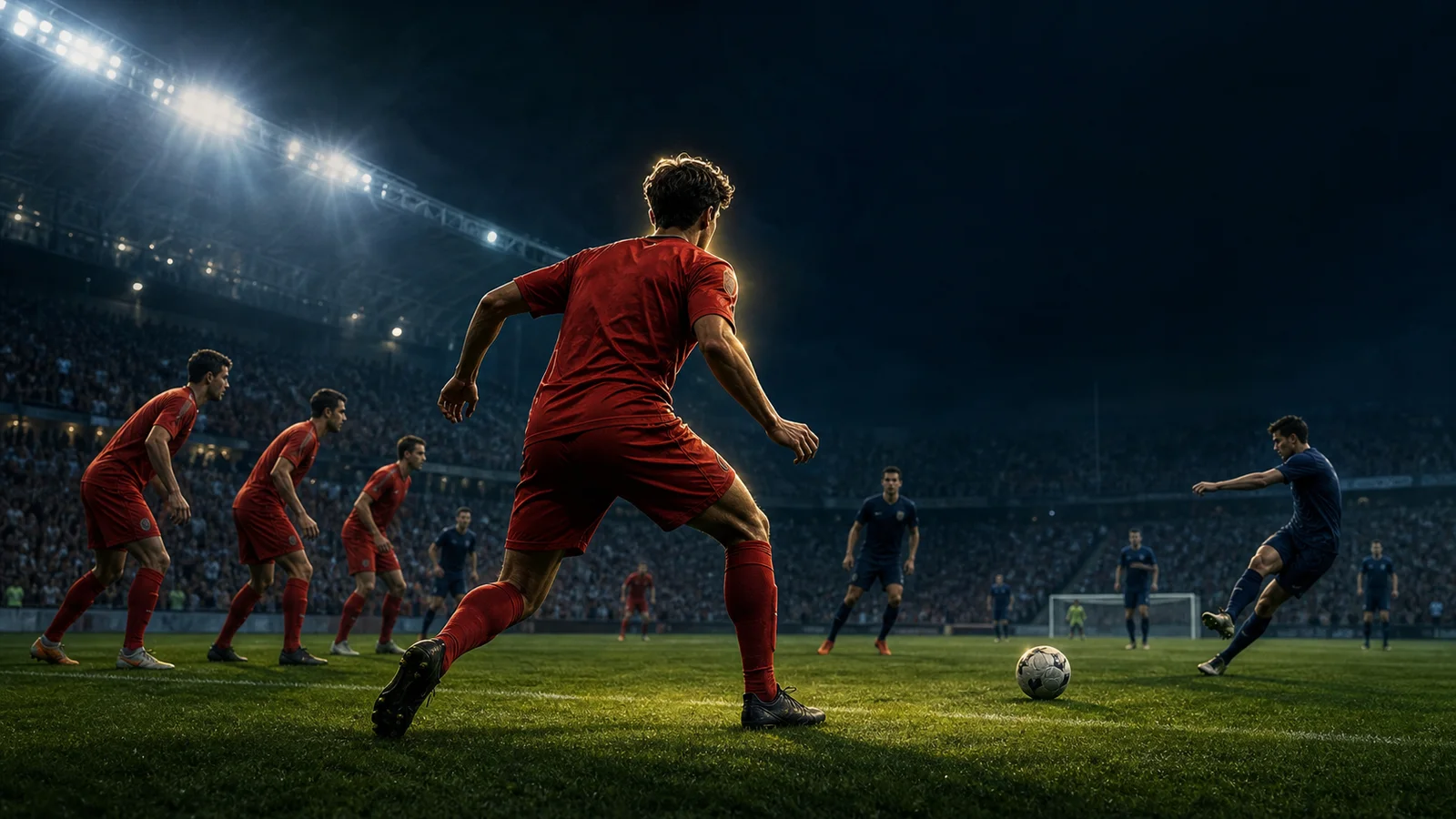 Editorial illustration of a young centre-back stepping out from a defensive line to intercept a pass