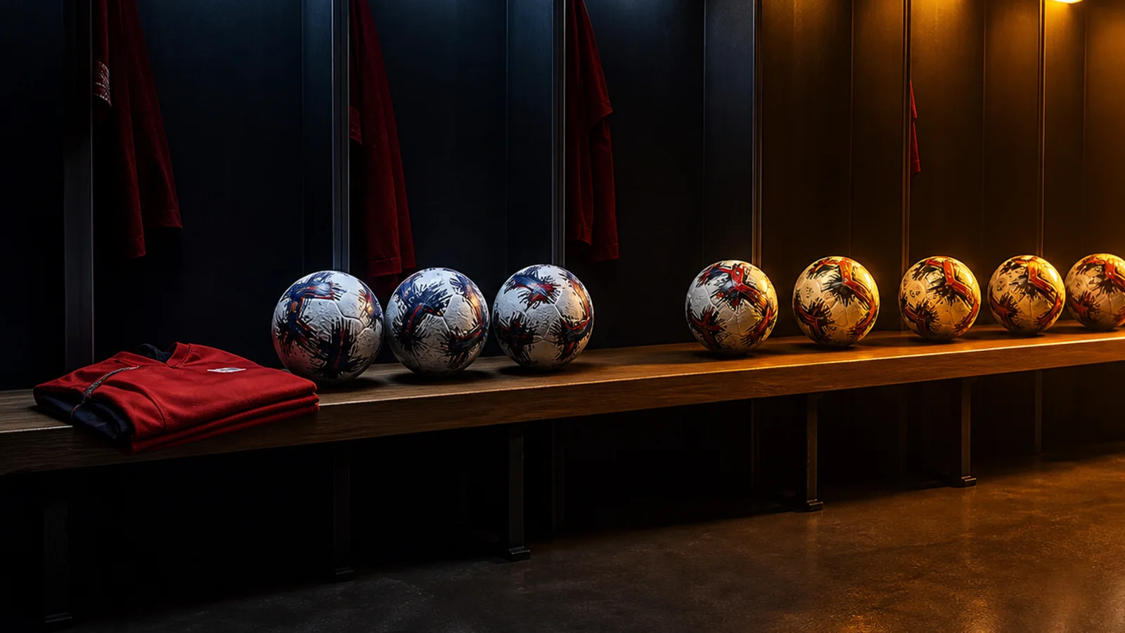 Editorial illustration of three group-stage footballs followed by five knockout footballs in a stadium dressing room