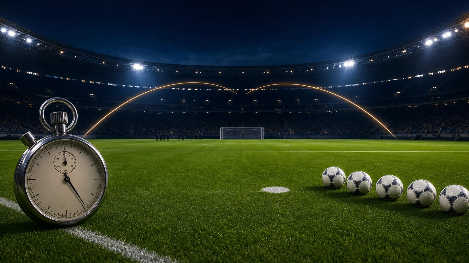Editorial illustration of a stopwatch and five footballs leading toward a penalty spot