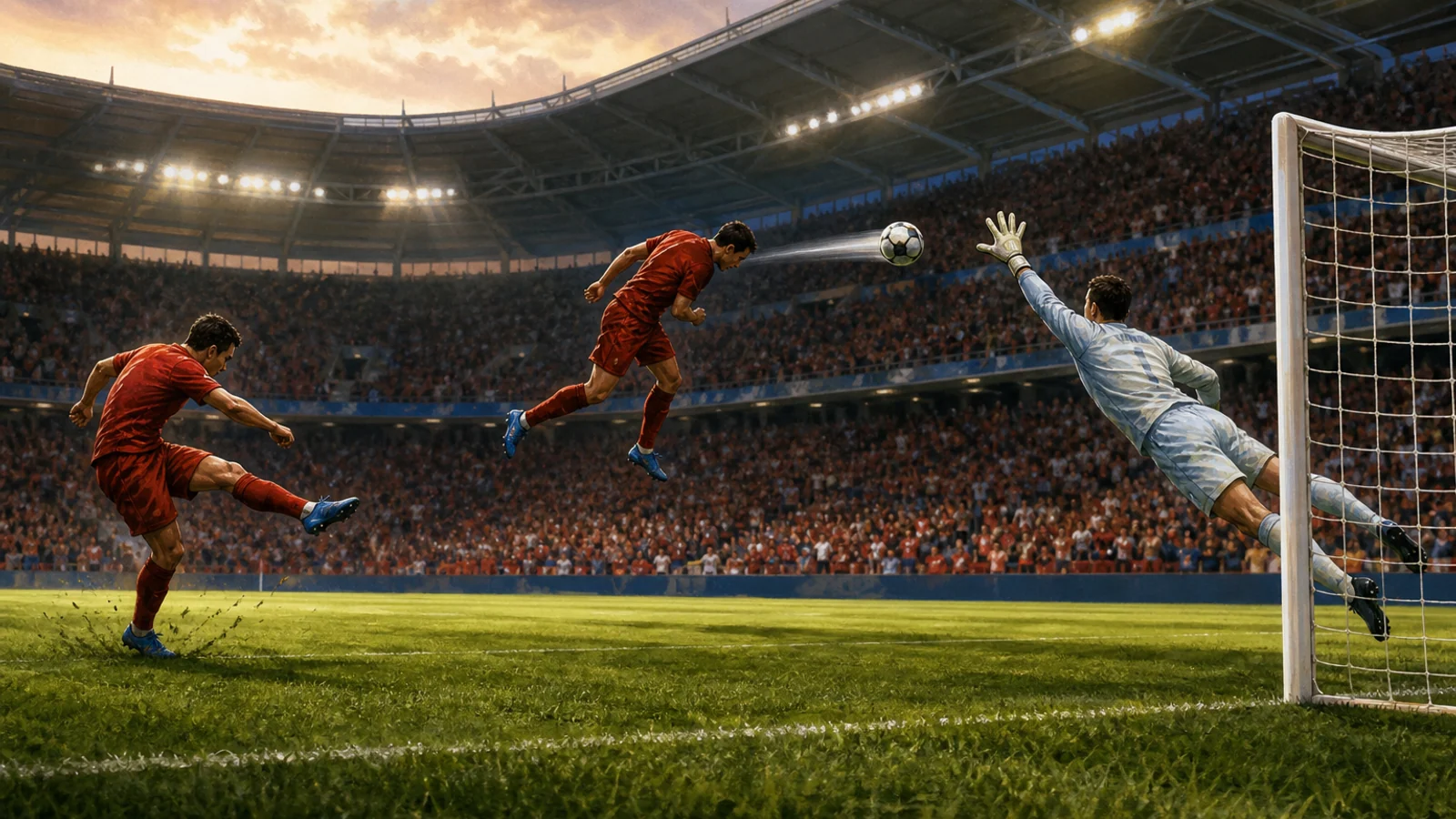Editorial illustration of a first-time football shot flying toward goal during extra time