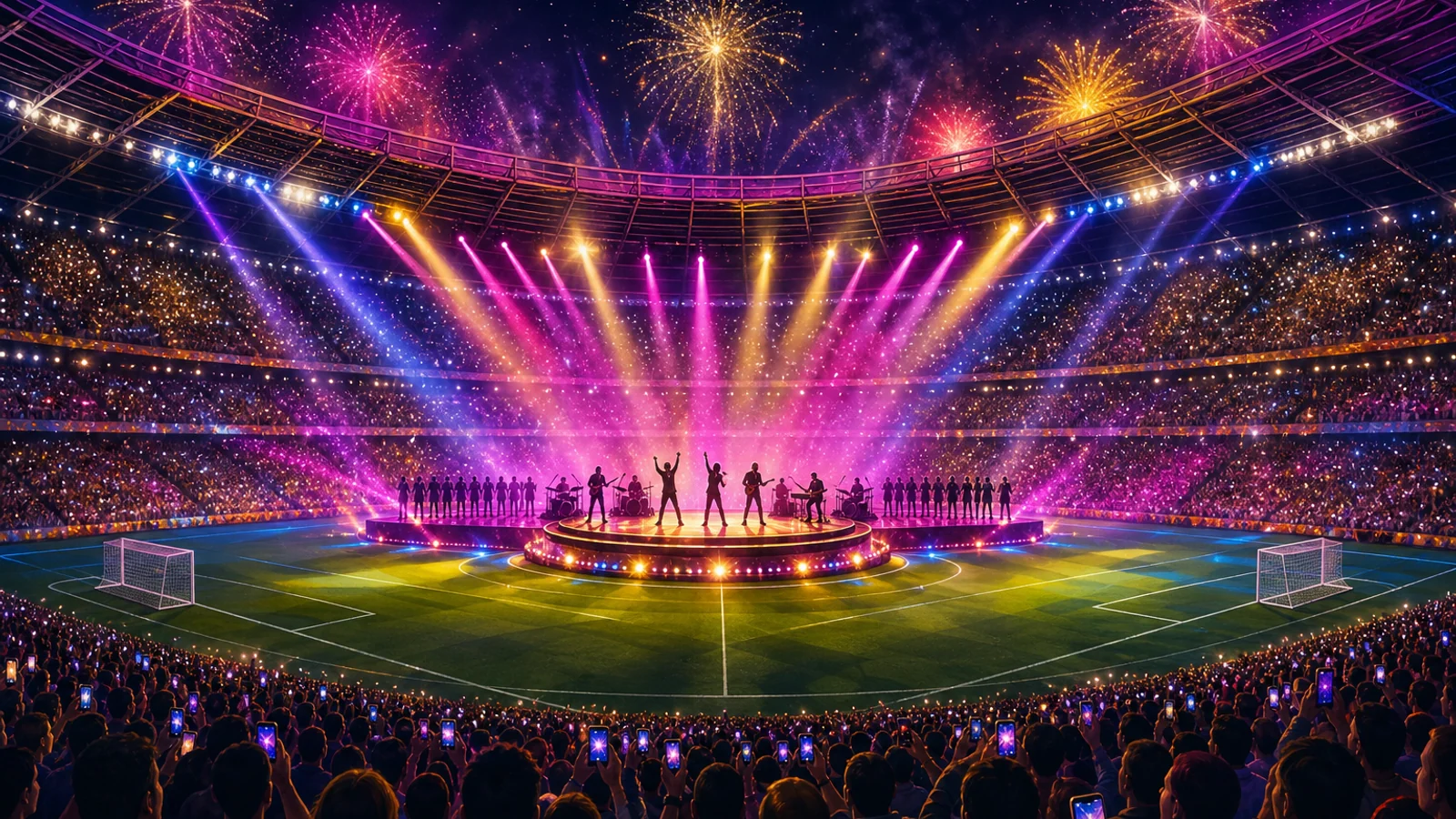 Editorial illustration of a concert stage on a football pitch during half-time