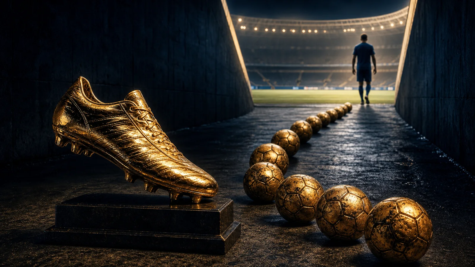 Editorial illustration of a golden football boot and a trail of goals leading from a stadium tunnel
