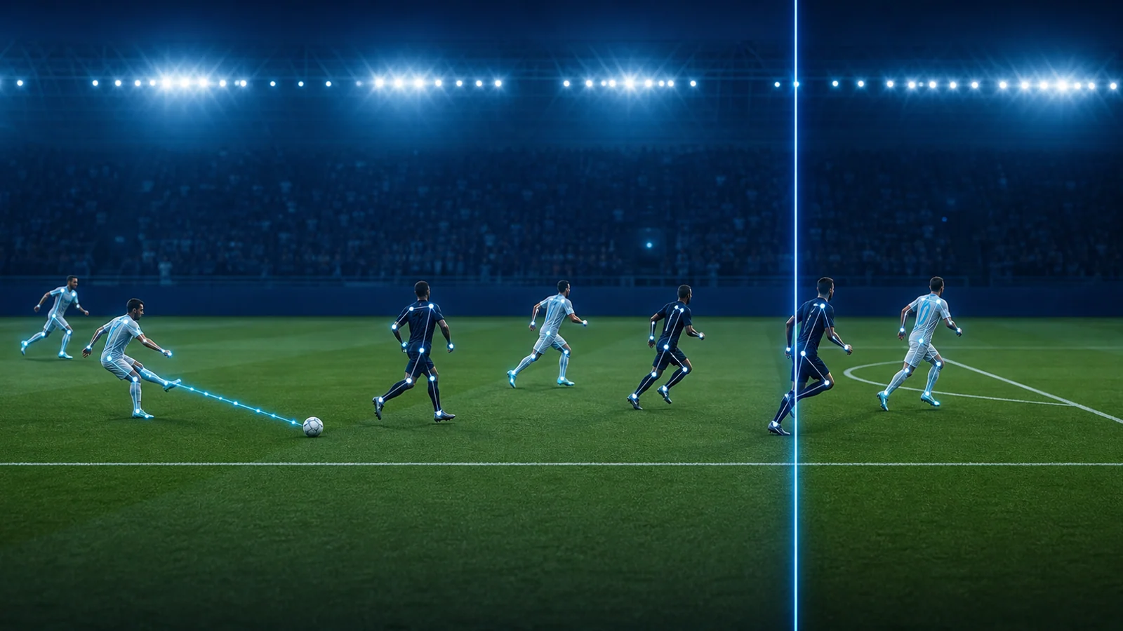Editorial illustration of football players tracked against a glowing offside plane