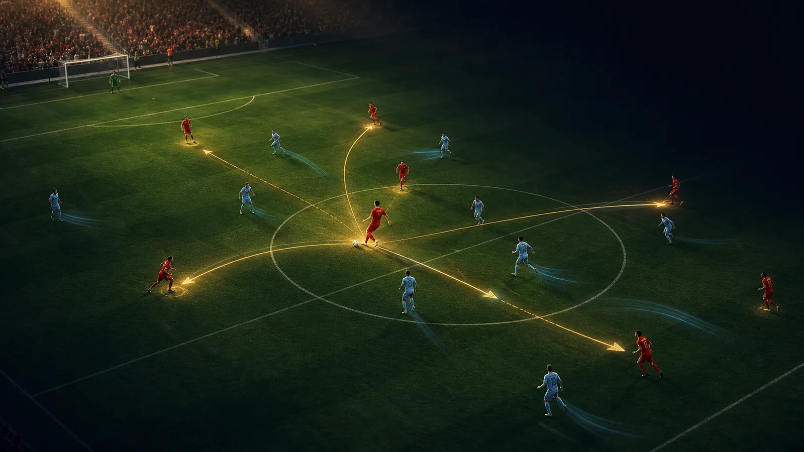 Editorial illustration of a central midfielder directing passing lanes across a football pitch