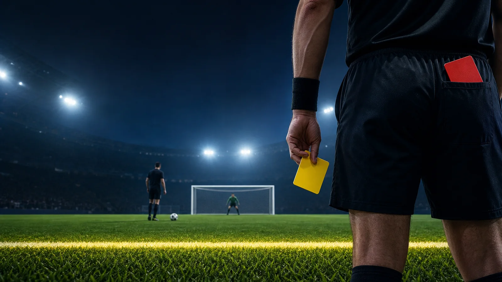 Editorial illustration of a referee holding a yellow card as a penalty shoot-out begins, with a red card still in the pocket