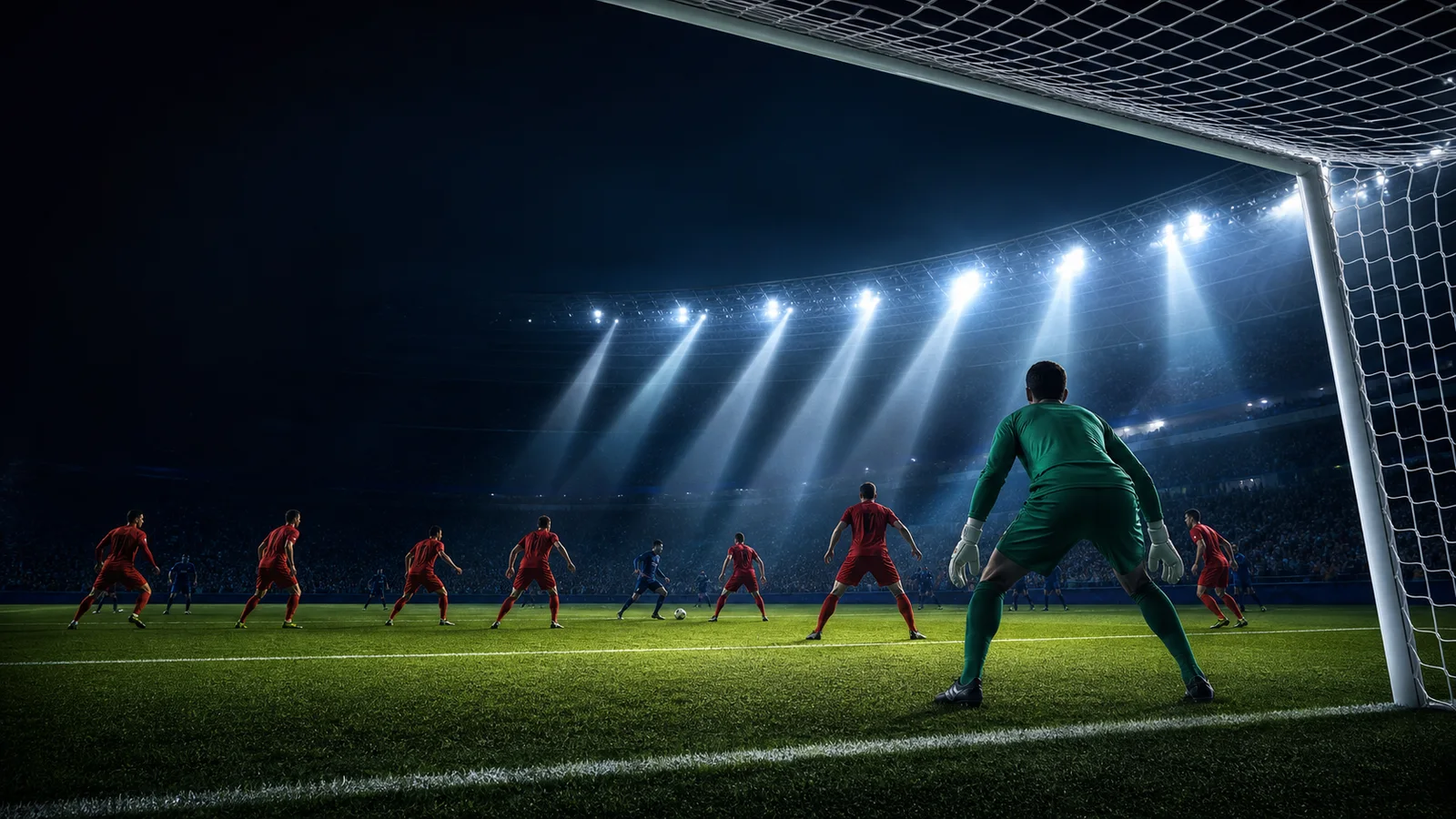 Editorial illustration from inside a goal showing a goalkeeper protected by an organised defensive line