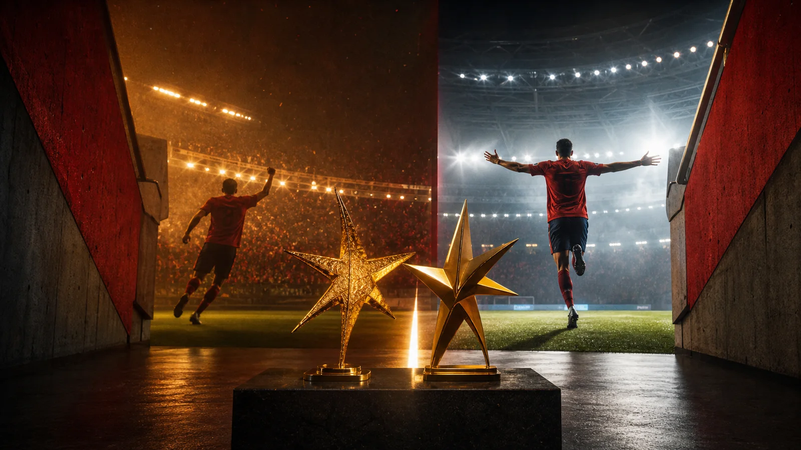 Editorial illustration contrasting two eras of Spanish football success in warm and cool stadium light