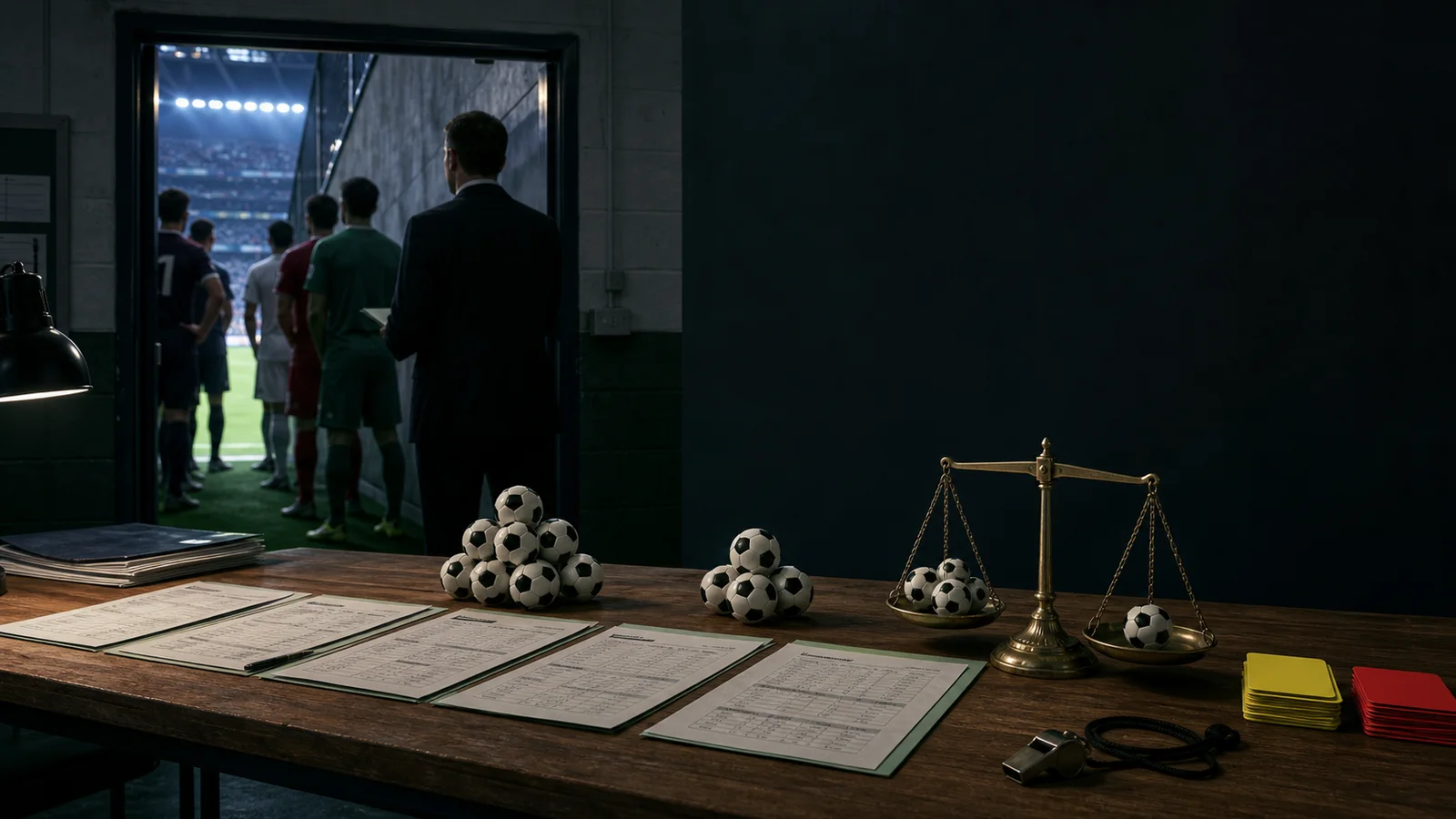 Editorial illustration of match records, goals and disciplinary cards being compared for knockout qualification
