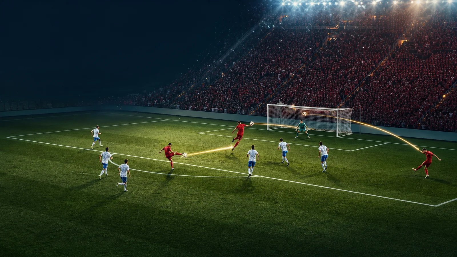 Editorial illustration reconstructing the cross, headed pass and first-time finish in the World Cup final