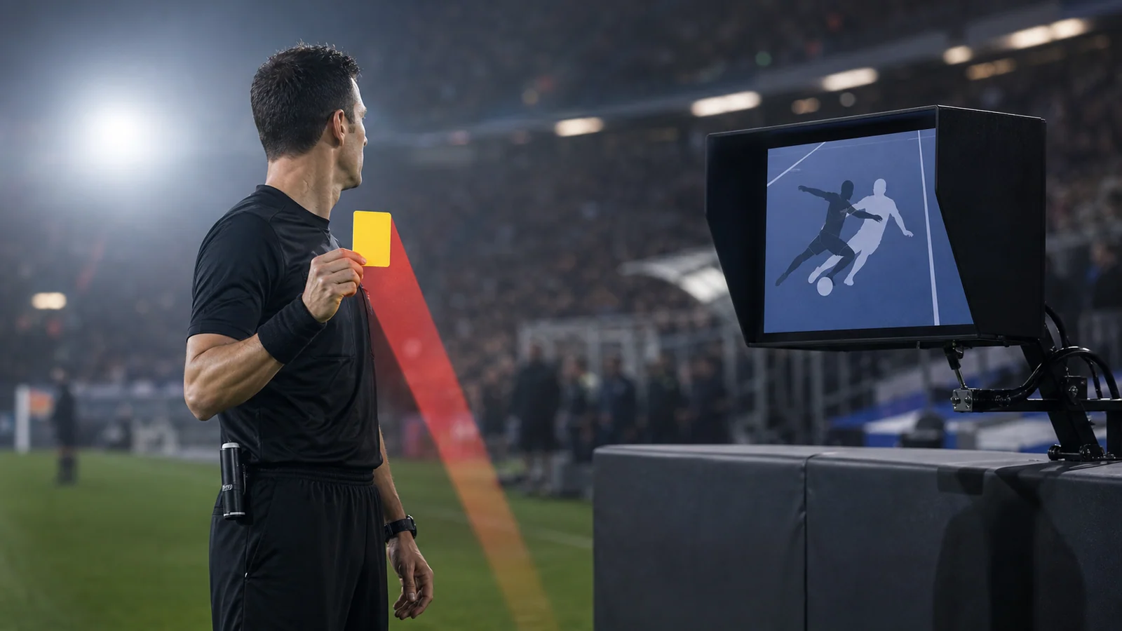 Editorial illustration of a referee holding a yellow card beside a video review monitor