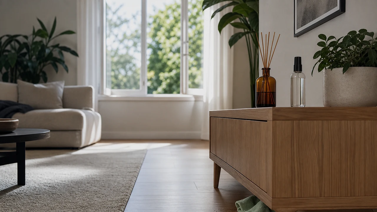 A spotless living room with fragrance products on a console while a damp forgotten cloth and water ring remain underneath