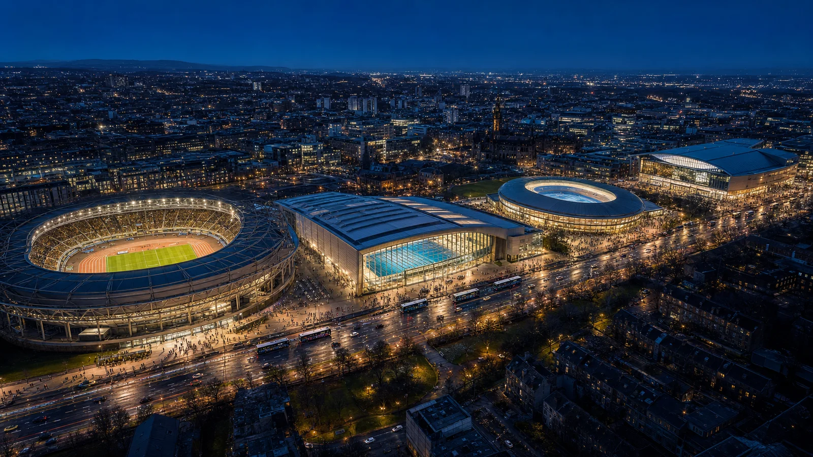 Editorial illustration of four major existing sports venues concentrated along one Glasgow city corridor