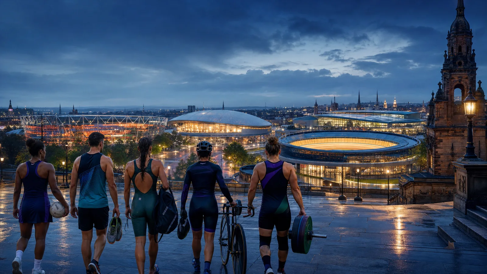 Editorial illustration of athletes approaching four illuminated sports venues across Glasgow at blue hour