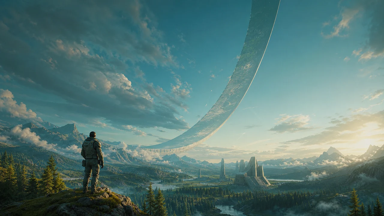 Original editorial illustration of an anonymous explorer looking across an artificial ringworld landscape