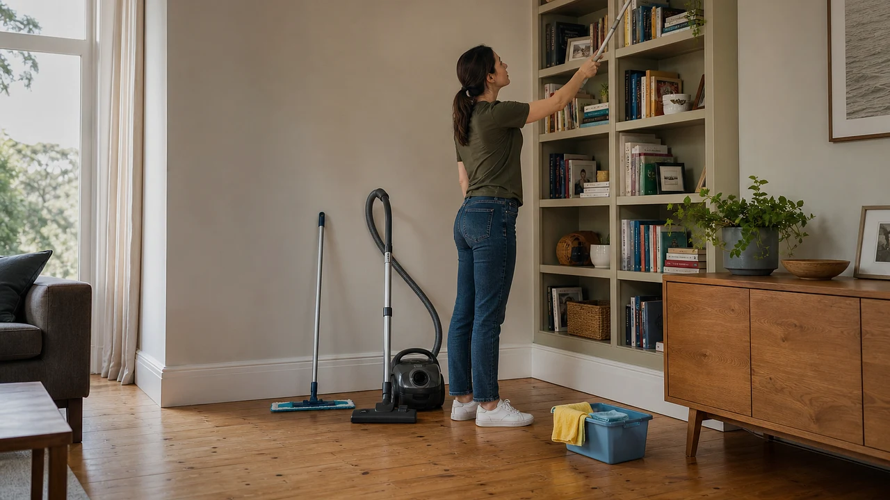 A cleaner standing safely on the floor dusting the top of a tall bookcase while the vacuum and mop wait below