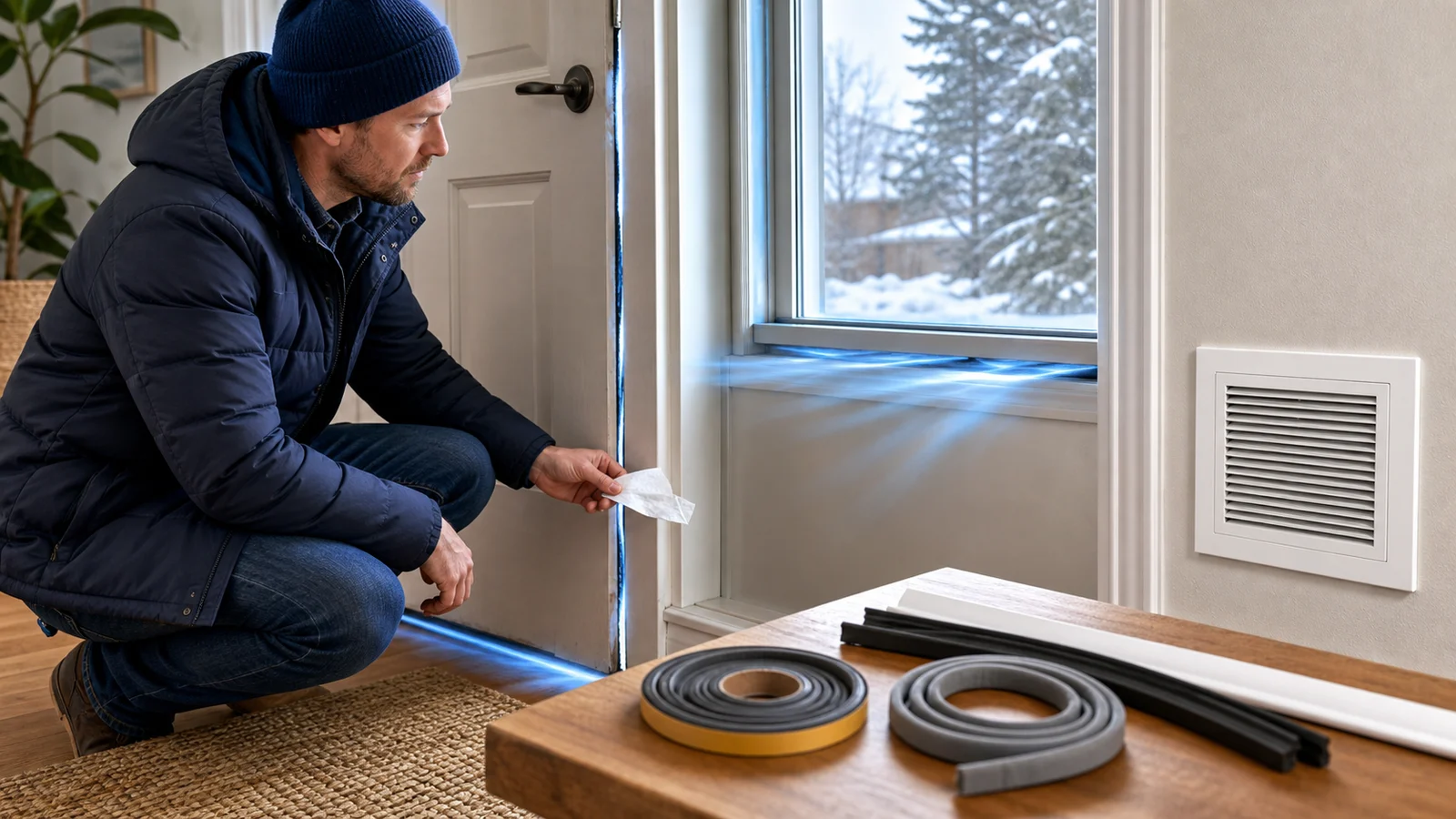Editorial illustration of a safe household draught check around a closed external door
