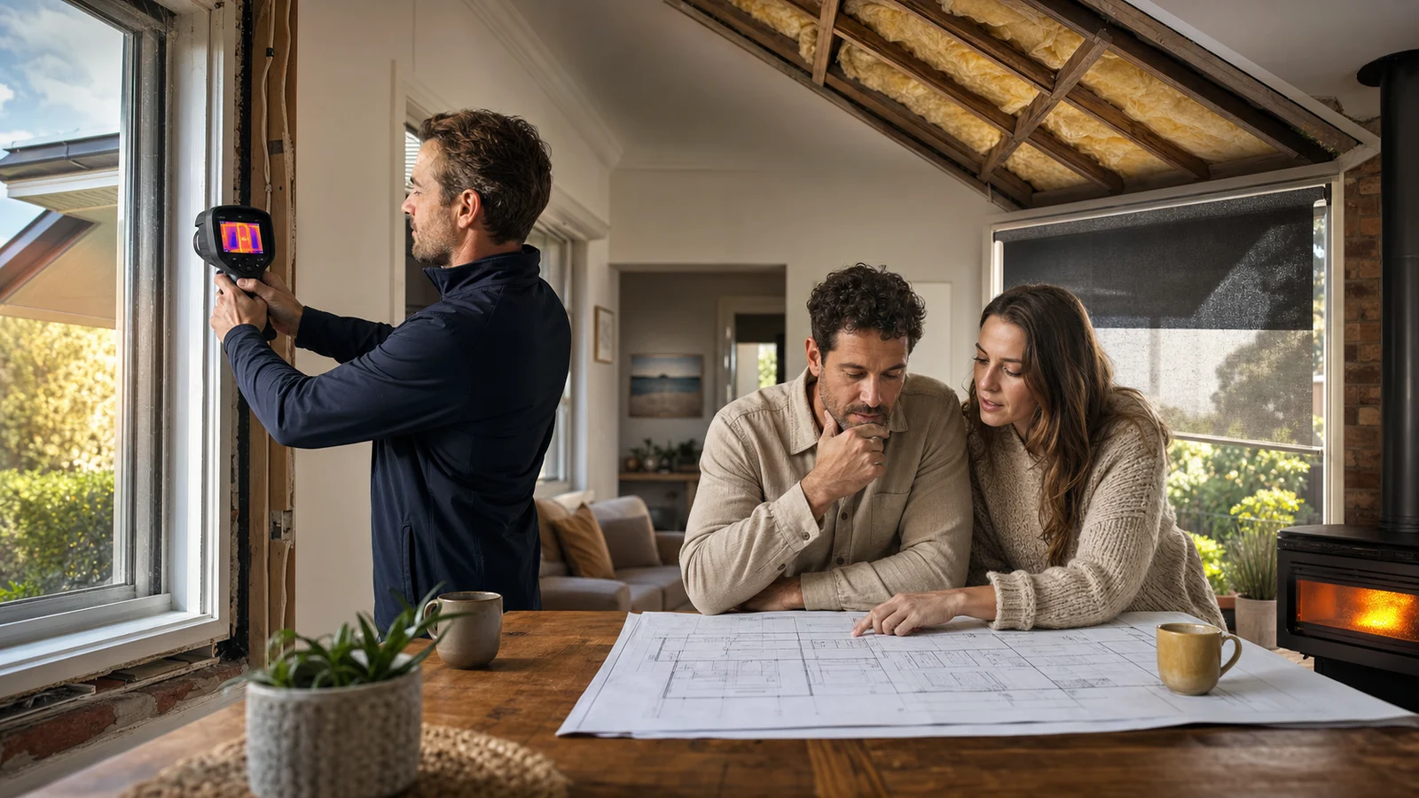 Editorial illustration of an energy assessor inspecting an Australian home before renovation work begins