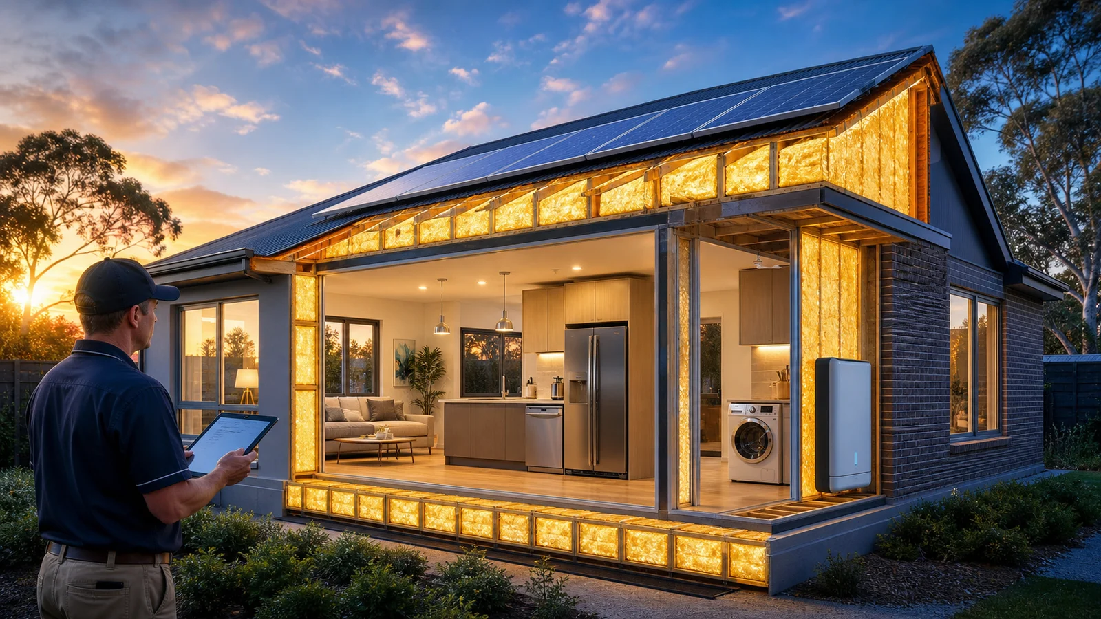 Editorial illustration of an Australian home beside two separate whole-home and thermal performance gauges