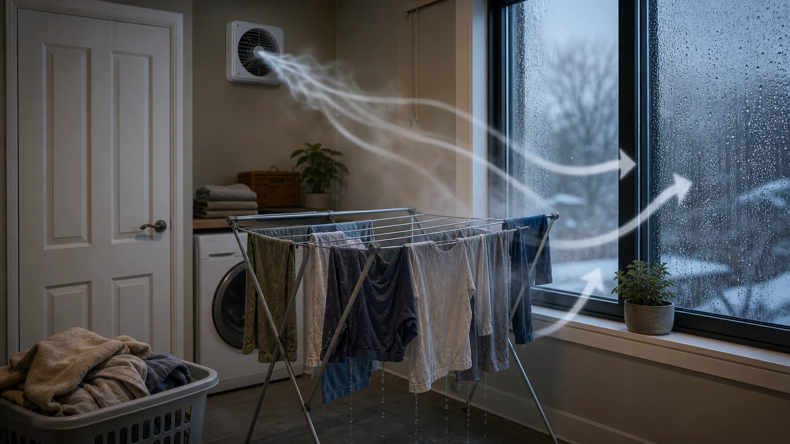Editorial illustration of moisture from indoor clothes drying moving toward a cold window