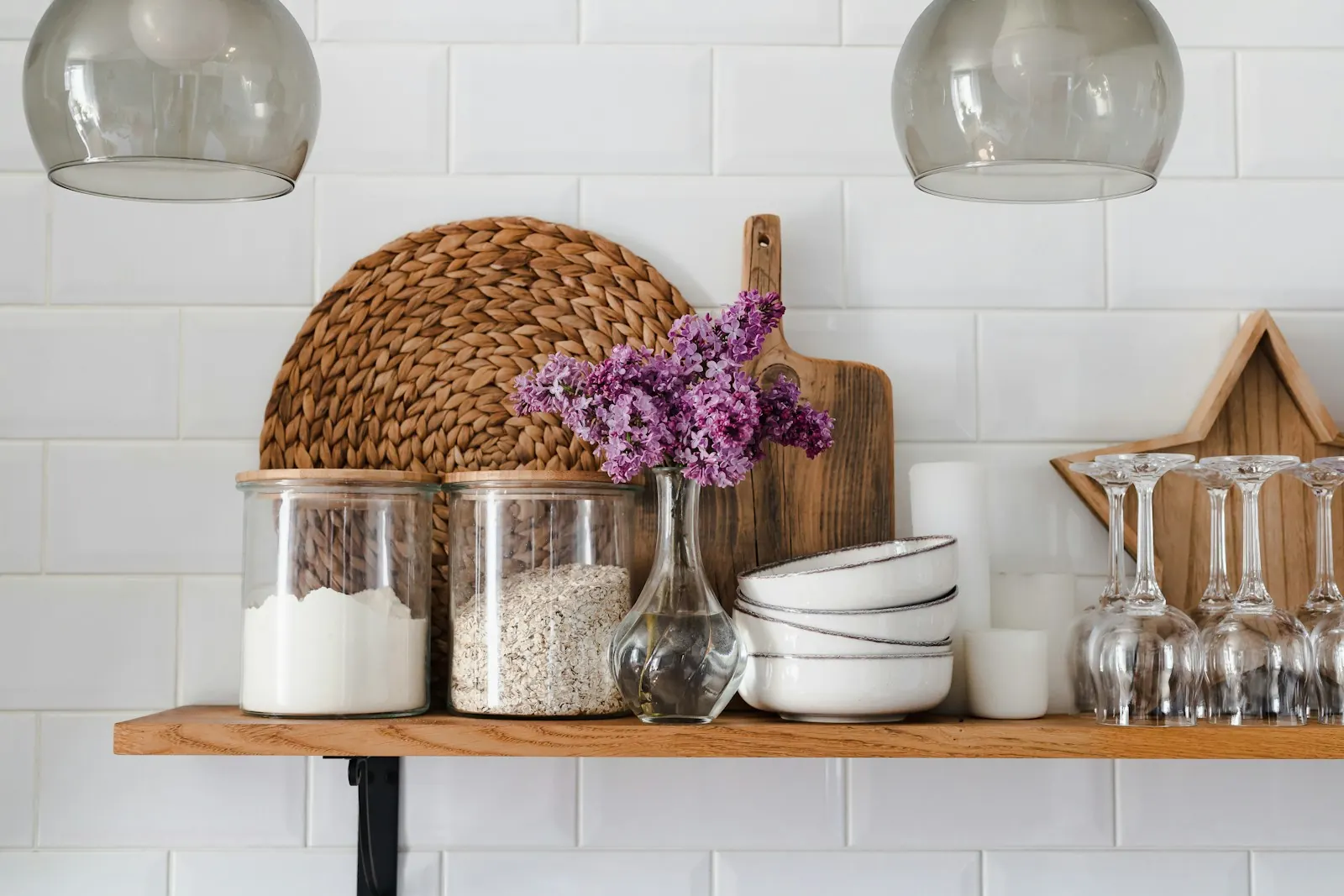 A bright clean kitchen with open shelving